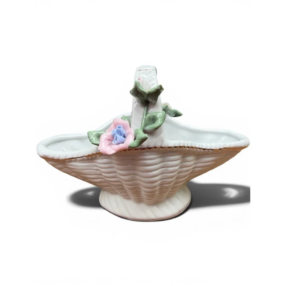 Vintage White Porcelain Basket w/ Applied Flowers | 1950s Ceramic Trinket Dish